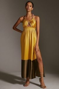 ANTHROPOLOGIE Silk Colourblocked Maxi Dress in Gold ~ luxe look occasion dresses ~ halter neck party clothes ~ colour block evening event clothing