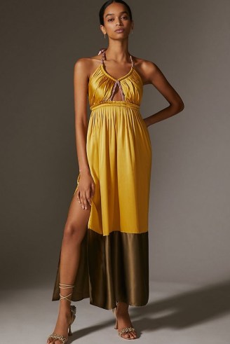 ANTHROPOLOGIE Silk Colourblocked Maxi Dress in Gold ~ luxe look occasion dresses ~ halter neck party clothes ~ colour block evening event clothing - flipped