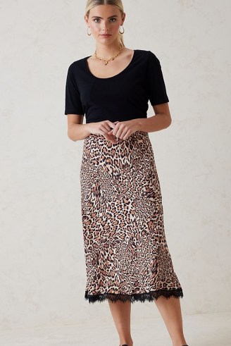 Kachel Leopard Midi Skirt Brown Motif | lace hem animal print skirts - flipped
