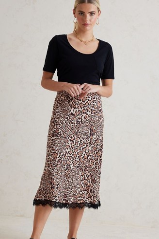 Kachel Leopard Midi Skirt Brown Motif | lace hem animal print skirts