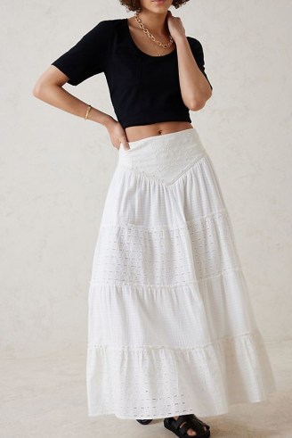 Anthropologie Broderie Maxi Skirt White | women’s long tiered length cotton skirts | womens summer clothes - flipped