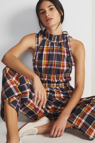 Kopal Heera Jumpsuit Blue Motif / sleeveless checked high tie detail neck jumpsuits / women’s all-in-one cotton summer clothes / breezy check print fashion