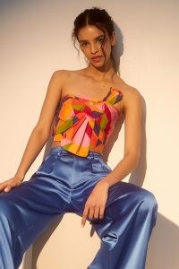 Farm Rio x Anthropologie Strapless Blouse – multicoloured tie front blouses – statement bow bandeau tops