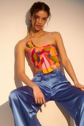 Farm Rio x Anthropologie Strapless Blouse – multicoloured tie front blouses – statement bow bandeau tops - flipped
