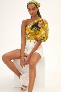 Farm Rio One-Shoulder Embroidered Top – tropical print puff sleeve tops