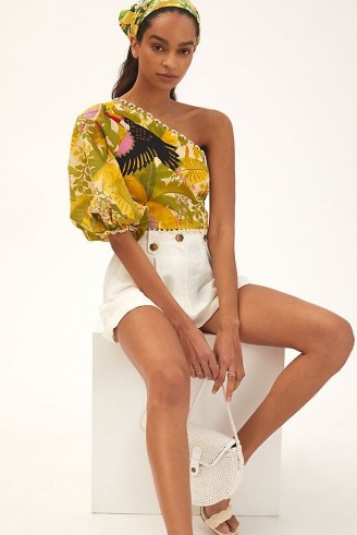 Farm Rio One-Shoulder Embroidered Top – tropical print puff sleeve tops - flipped