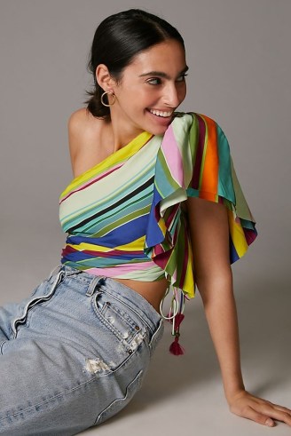 Hope For Flowers One Shoulder Top – multicoloured stripe print summer tops – women’s asymmetric clothing - flipped