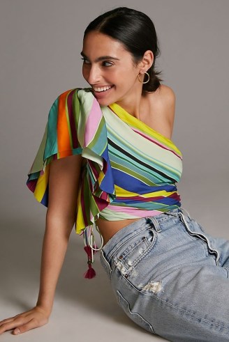 Hope For Flowers One Shoulder Top – multicoloured stripe print summer tops – women’s asymmetric clothing