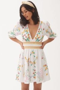 Anthropologie Deep-V Floral Mini Dress in Ivory – embroidered plunge front open tie back dresses – women’s puff sleeved summer clothes