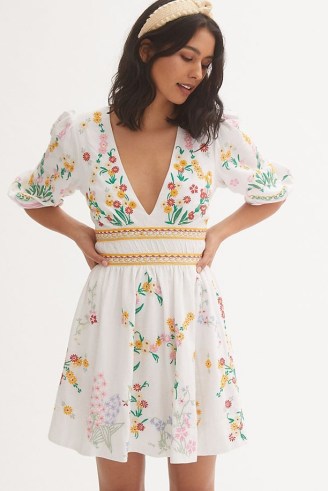 Anthropologie Deep-V Floral Mini Dress in Ivory – embroidered plunge front open tie back dresses – women’s puff sleeved summer clothes - flipped