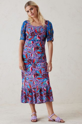 Feri Ellie Printed Maxi Dress in Purple / short sleeved floral print tiered hem dresses - flipped