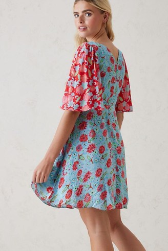 Feri Rita Floral Mini Dress in Blue / short fluted sleeved summer occasion dresses - flipped