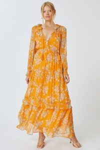 ANTHROPOLOGIE Floral Tiered Maxi Dress Orange Motif / floaty ruffle trimmed dresses / feminine semi sheer summer occasion clothes