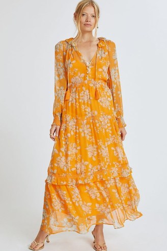 ANTHROPOLOGIE Floral Tiered Maxi Dress Orange Motif / floaty ruffle trimmed dresses / feminine semi sheer summer occasion clothes - flipped