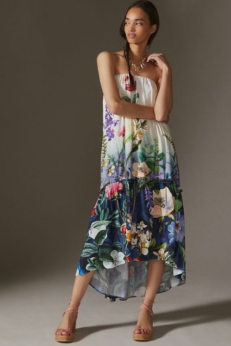 ANTHROPOLOGIE Strapless Maxi Dress in Ivory / floral dip hem summer dresses - flipped