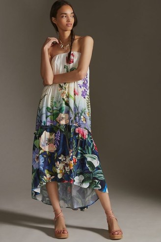 ANTHROPOLOGIE Strapless Maxi Dress in Ivory / floral dip hem summer dresses