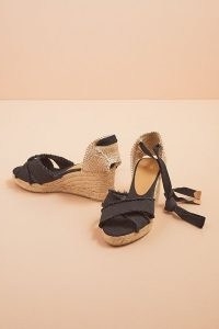 Castaner Bluma Wedge Sandals in Black | frayed canvas crossover front wedged heel espadrilles | ankle tie summer wedges