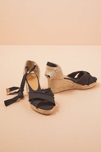 Castaner Bluma Wedge Sandals in Black | frayed canvas crossover front wedged heel espadrilles | ankle tie summer wedges - flipped