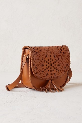 Maison Hotel Miriam Clutch Crossbody Bag in Honey | tasselled bohemian style cross body | brown leather boho bags - flipped