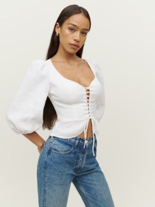 Reformation Barrett Linen Top in White | fitted lace up bodice tops | balloon sleeved blouses - flipped