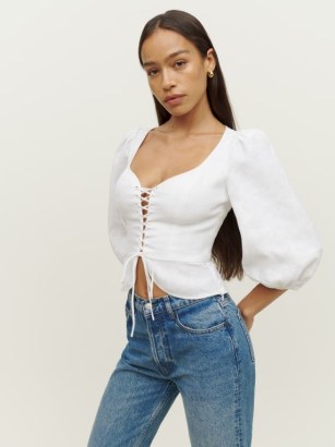Reformation Barrett Linen Top in White | fitted lace up bodice tops | balloon sleeved blouses