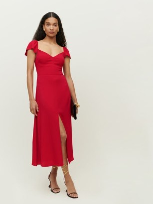 Reformation Baxley Dress in Cherry | red front split occasion dresses | sweetheart neckline | short flutter sleeves - flipped