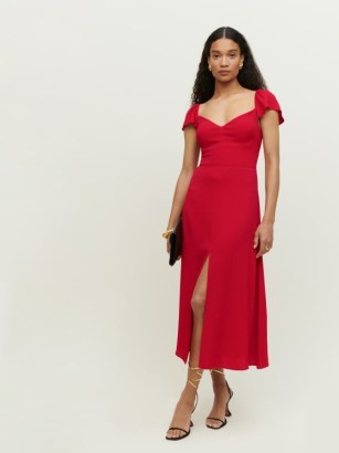 Reformation Baxley Dress in Cherry | red front split occasion dresses | sweetheart neckline | short flutter sleeves