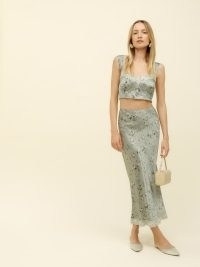 REFORMATION Beatrice Two Piece in Endive ~ green floral print crop top and skirt co-ord perfect for date night ~ feminine summer evening outfits ~ out for dinner fashion sets