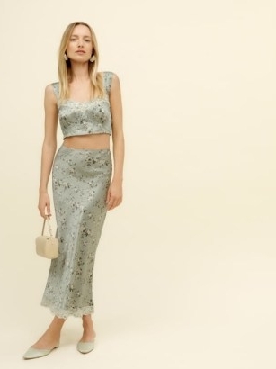 REFORMATION Beatrice Two Piece in Endive ~ green floral print crop top and skirt co-ord perfect for date night ~ feminine summer evening outfits ~ out for dinner fashion sets - flipped