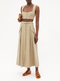 LE KASHA Karut belted linen maxi skirt – women’s long length khaki-beige summer skirts