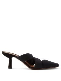 NEOUS Alpha recycled-nylon mules ~ chic black asymmetric strap kitten heels ~ pointed toe shoes