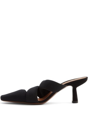 NEOUS Alpha recycled-nylon mules ~ chic black asymmetric strap kitten heels ~ pointed toe shoes - flipped