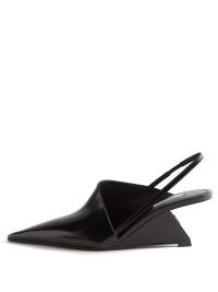 PRADA Angular-heel slingback leather wedge pumps | black asymmetric wedges | angular wedged heel slingbacks