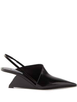 PRADA Angular-heel slingback leather wedge pumps | black asymmetric wedges | angular wedged heel slingbacks - flipped