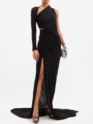RICK OWENS Cutout draped jersey gown – one sleeve cut out designer gowns – thigh high split hem event clothes – high octane evening glamour – glamorous red carpet clothing - flipped