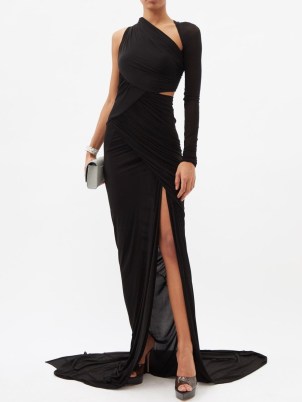 RICK OWENS Cutout draped jersey gown – one sleeve cut out designer gowns – thigh high split hem event clothes – high octane evening glamour – glamorous red carpet clothing
