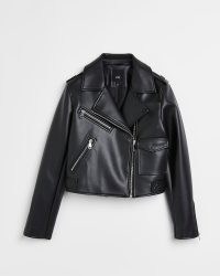 RIVER ISLAND BLACK FAUX LEATHER BIKER JACKET ~ women’s zip detail jackets