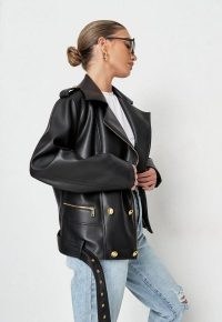 MISSGUIDED black faux leather military button biker jacket ~ casual gold button and zip detail jackets ~ epaulette shoulder detail