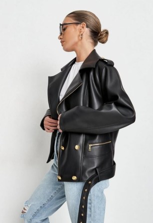 MISSGUIDED black faux leather military button biker jacket ~ casual gold button and zip detail jackets ~ epaulette shoulder detail - flipped