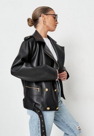 MISSGUIDED black faux leather military button biker jacket ~ casual gold button and zip detail jackets ~ epaulette shoulder detail