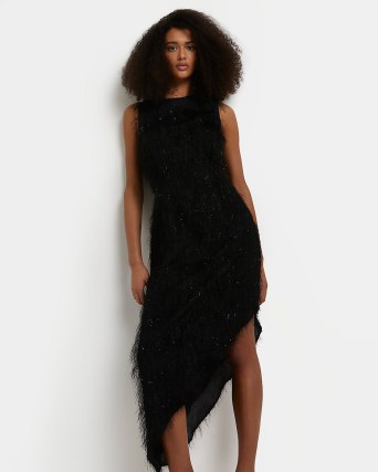 RIVER ISLAND BLACK FRINGE ASYMMETRIC MIDI DRESS – glamorous sleeveless fringed evening dresses – going out fashion – asymmetrical hemline clothes