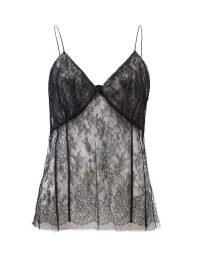 KHAITE Nano Chantilly-lace cami top / sheer black floral camisole tops / feminine spaghetti strap camisoles