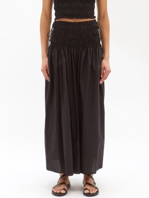 MATTEAU Shirred organic cotton-poplin skirt – black side tie gathered waist maxi skirts – women’s summer clothes
