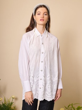 sister jane DREAM BEE BOTANICAL Broidered Botany Shirt Ivory – womens feminine longline shirts - flipped