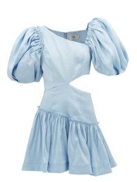 AJE Chateau cutout linen-blend mini dress ~ blue puff sleeve asymmetric cut out dresses ~ women’s clothes with volume ~ voluminous romantic style clothing