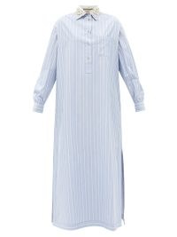 GUCCI Crystal-collar striped cotton shirt dress ~ blue stripe collared maxi dress ~ side slit hem