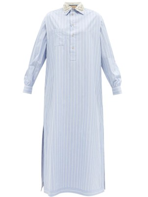 GUCCI Crystal-collar striped cotton shirt dress ~ blue stripe collared maxi dress ~ side slit hem - flipped