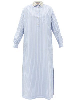 GUCCI Crystal-collar striped cotton shirt dress ~ blue stripe collared maxi dress ~ side slit hem
