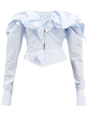 VIVIENNE WESTWOOD Drunked striped cotton-poplin corset top ~ bardot fitted bodice tops ~ women’s asymmetric clothes ~ asymmetrical clothing ~ designer off the shoulder fashion - flipped