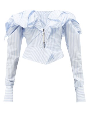 VIVIENNE WESTWOOD Drunked striped cotton-poplin corset top ~ bardot fitted bodice tops ~ women’s asymmetric clothes ~ asymmetrical clothing ~ designer off the shoulder fashion
